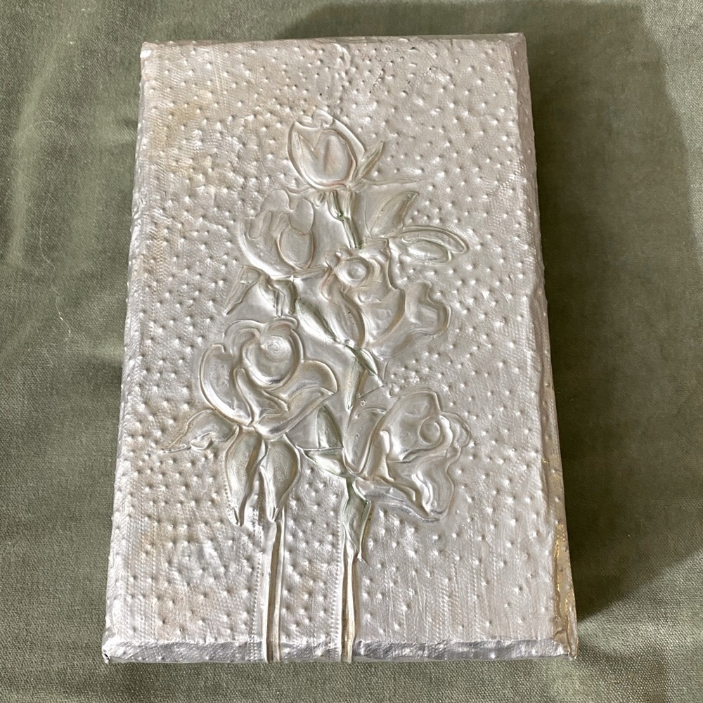 Vintage pewter covered wooden jewelry box with raised roses on top #05